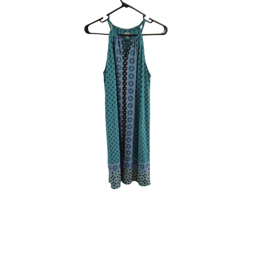Max Studio Teal Blue Geometric Medallion Halter Mini Dress Womens XS Boho Shift